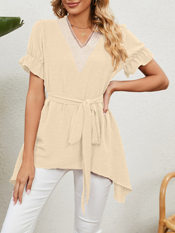 Women's Woven Jacquard V-Neck Loose Tie Chiffon Short Sleeve Top