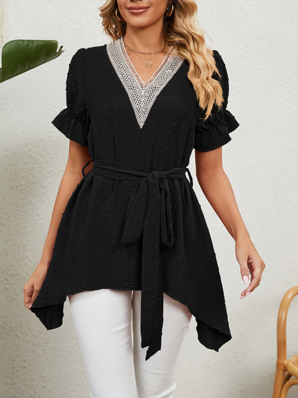 Women's Woven Jacquard V-Neck Loose Tie Chiffon Short Sleeve Top
