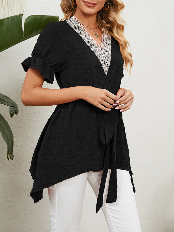 Women's Woven Jacquard V-Neck Loose Tie Chiffon Short Sleeve Top