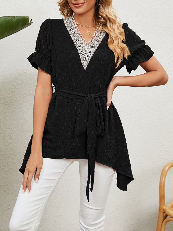 Women's Woven Jacquard V-Neck Loose Tie Chiffon Short Sleeve Top