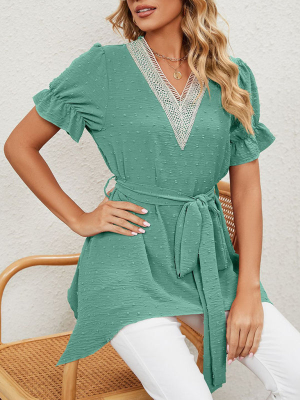 Women's Woven Jacquard V-Neck Loose Tie Chiffon Short Sleeve Top