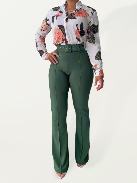Set printed long-sleeved shirt top wide-leg pants two-piece set