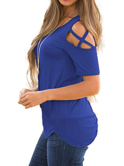 Cross strap off-shoulder short-sleeved round neck slim fit women's T-shirt