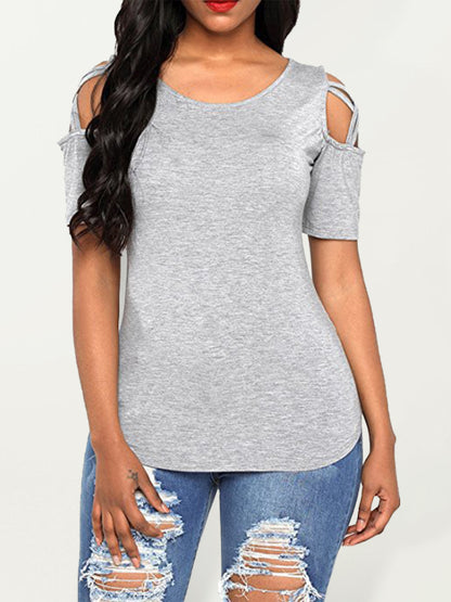 Cross strap off-shoulder short-sleeved round neck slim fit women's T-shirt