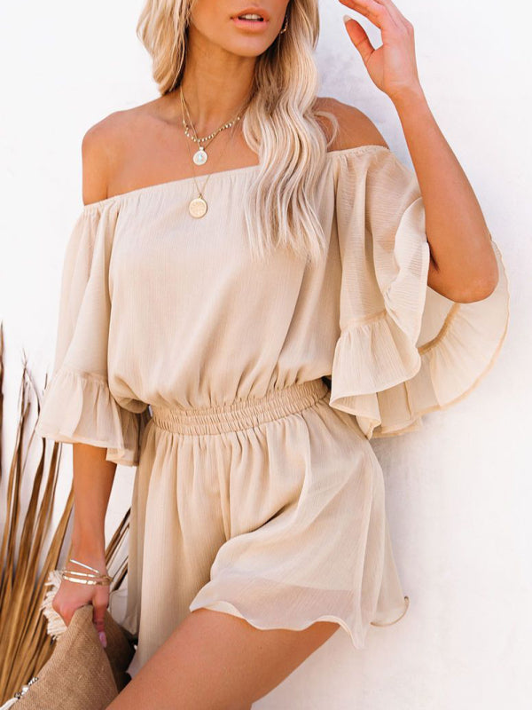 New splicing short-sleeved loose-fitting solid-color chiffon jumpsuit