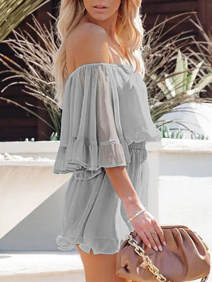 New splicing short-sleeved loose-fitting solid-color chiffon jumpsuit