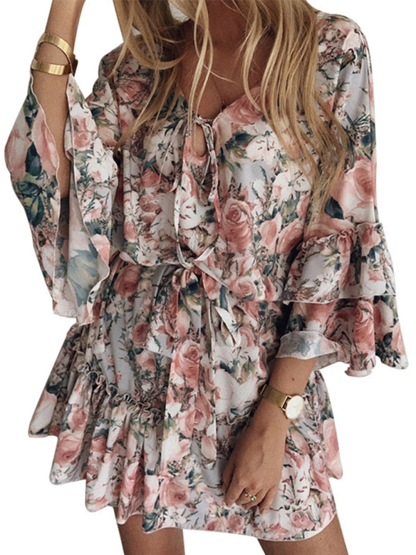 Women's pink chiffon pullover slimming floral mid-waist dress