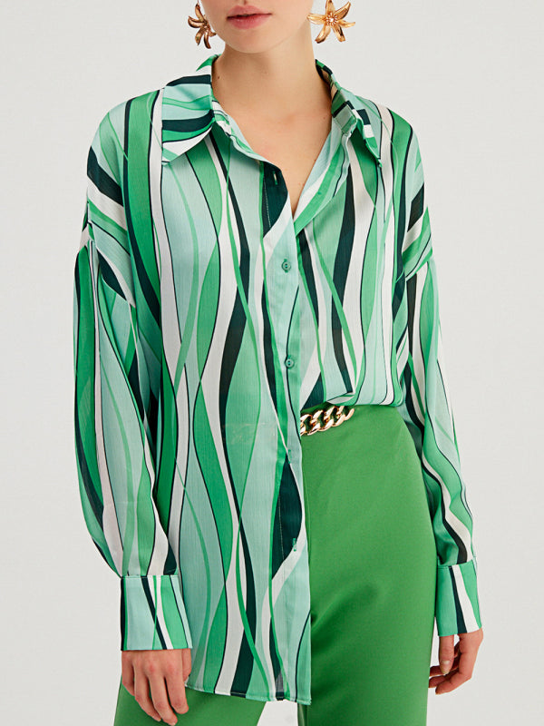 Shirt Vertical Stripe Loose Cardigan Digital Printing Personality Street Shirt