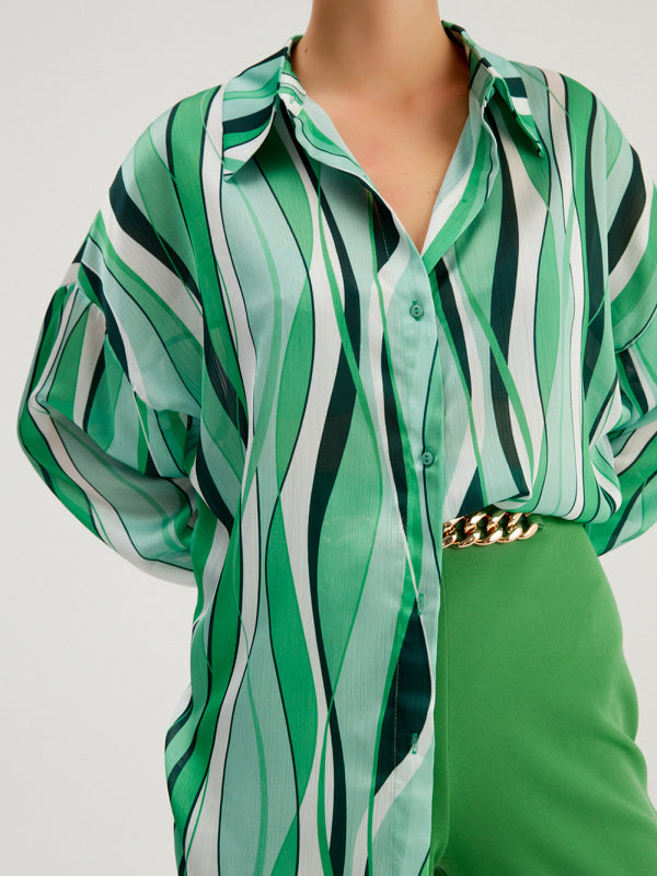 Shirt Vertical Stripe Loose Cardigan Digital Printing Personality Street Shirt