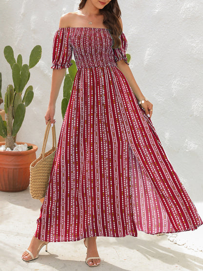 Vertical Stripe Printed Slit Dress One Shoulder Holiday Dress