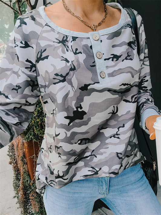 Casual loose camouflage long-sleeved T-shirt for women
