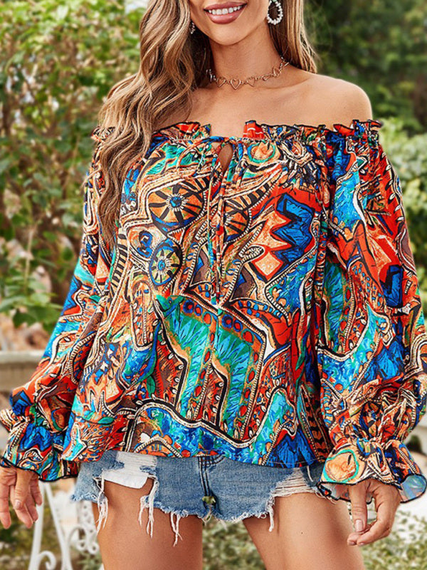Women's Fashion Sexy Off Shoulder Long Sleeve Printed Shirt