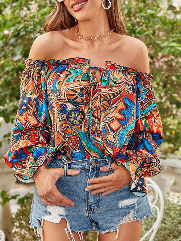 Women's Fashion Sexy Off Shoulder Long Sleeve Printed Shirt