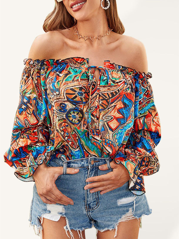 Women's Fashion Sexy Off Shoulder Long Sleeve Printed Shirt