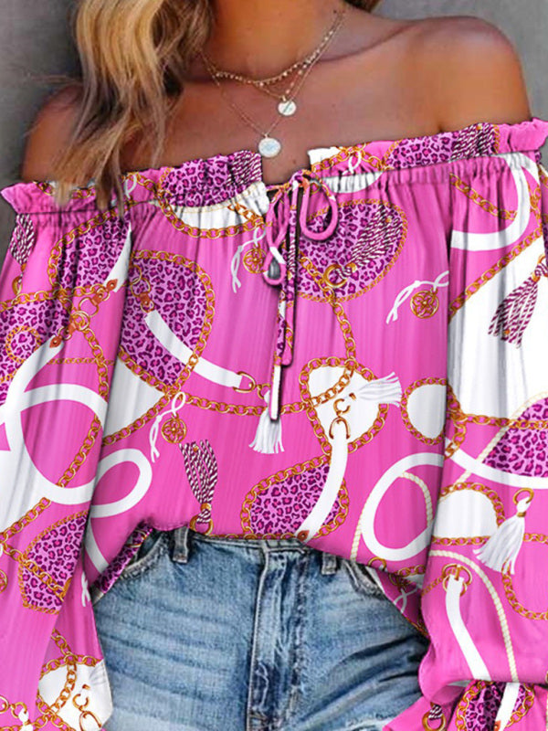 Women's Fashion Sexy Off Shoulder Long Sleeve Printed Shirt