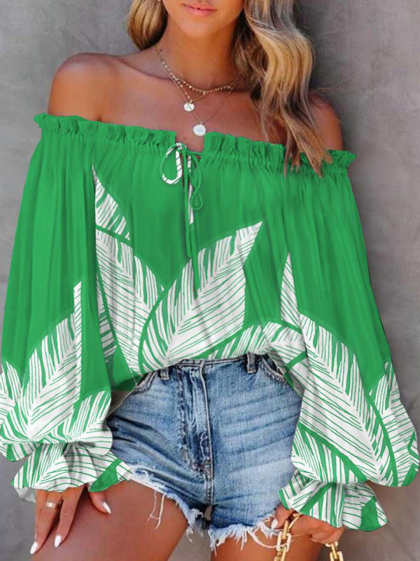 Women's Fashion Sexy Off Shoulder Long Sleeve Printed Shirt