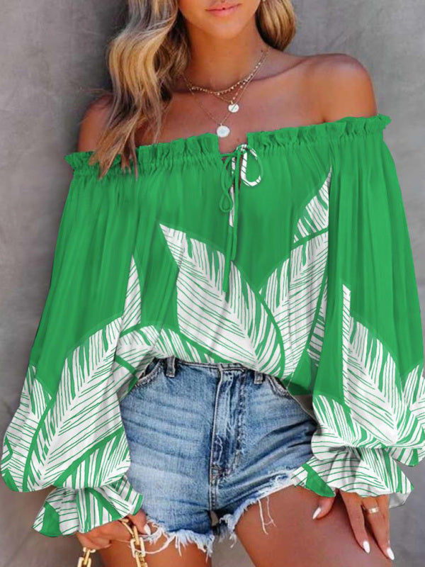 Women's Fashion Sexy Off Shoulder Long Sleeve Printed Shirt
