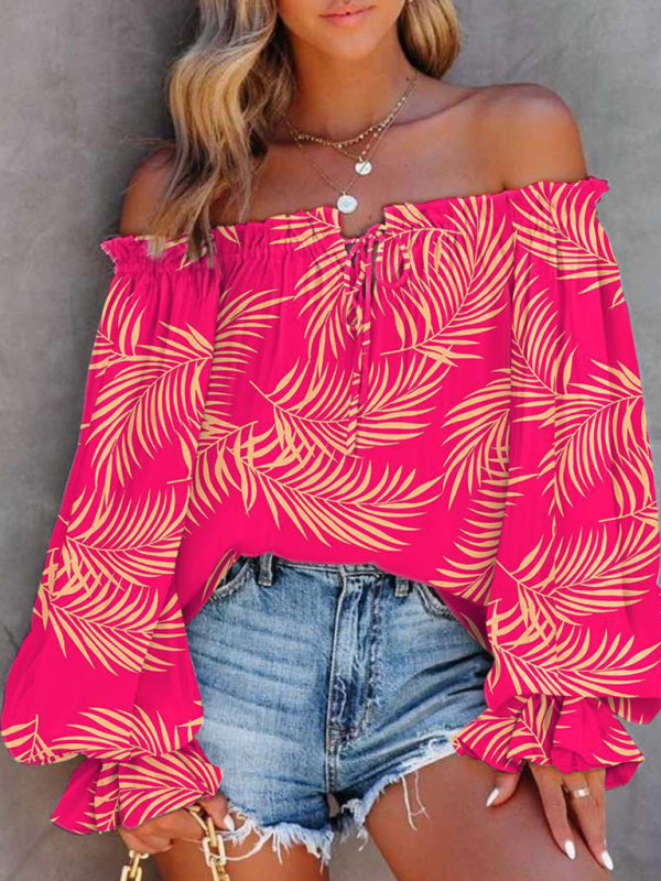 Women's Fashion Sexy Off Shoulder Long Sleeve Printed Shirt