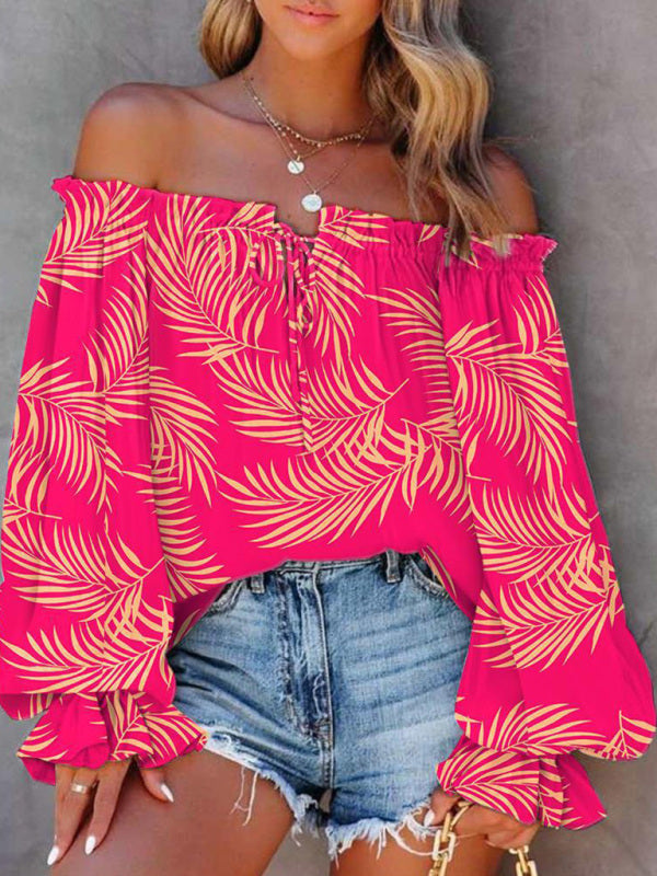 Women's Fashion Sexy Off Shoulder Long Sleeve Printed Shirt