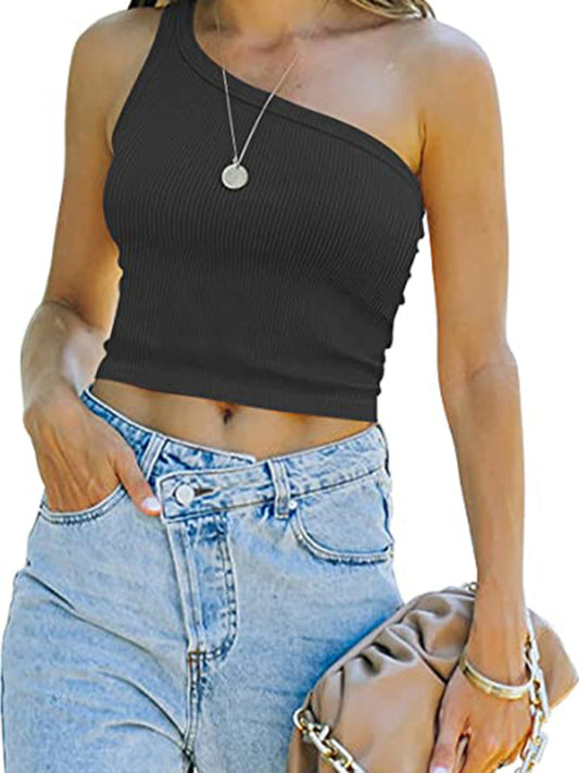 Women's Spring Off Shoulder Crop Tank Top Rib Casual Slim T-Shirt