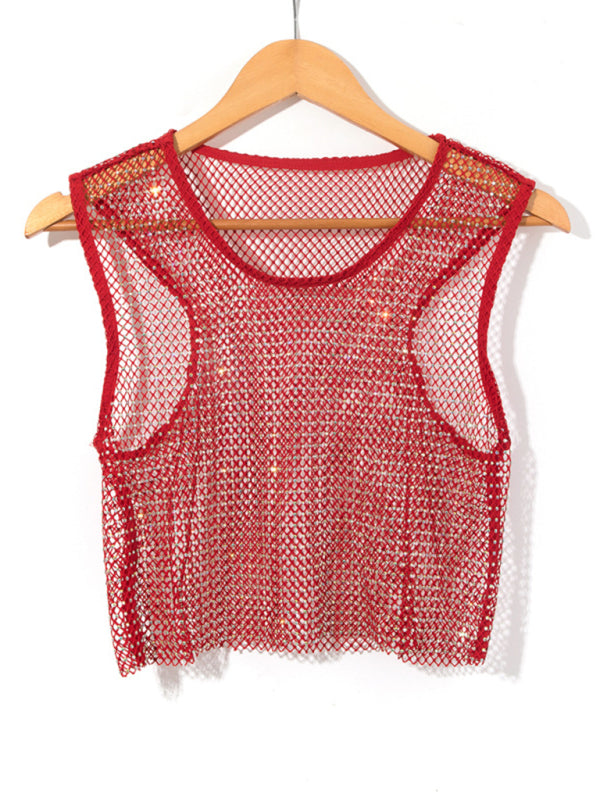Sexy mesh flash diamond fishnet vest nightclub perspective hot girl T-shirt top