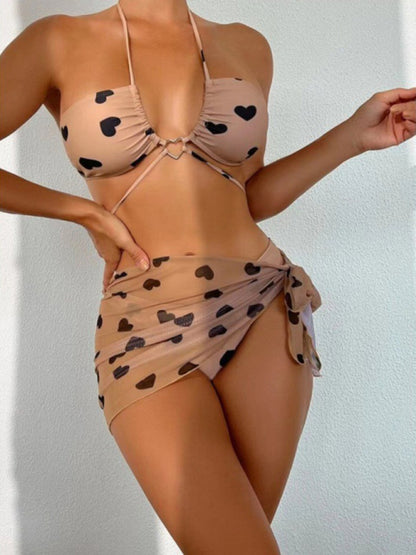 Women's love print two-piece bikini three-piece set