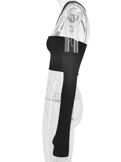 Fashion Navel Strapless Irregular Split Hand Sleeves Slim Fit sexy t-shirt
