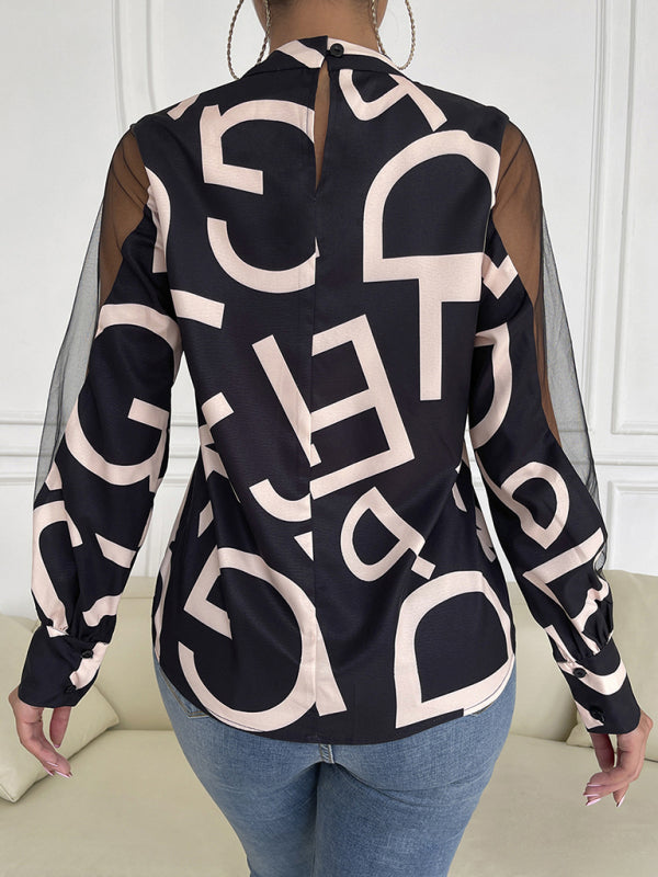 Women's geometric print stitching mesh round neck long-sleeved top