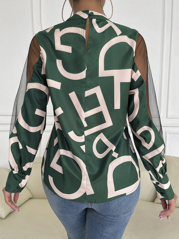 Women's geometric print stitching mesh round neck long-sleeved top