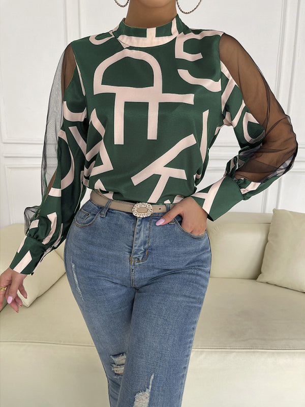 Women's geometric print stitching mesh round neck long-sleeved top