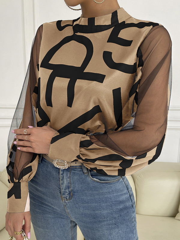 Women's geometric print stitching mesh round neck long-sleeved top