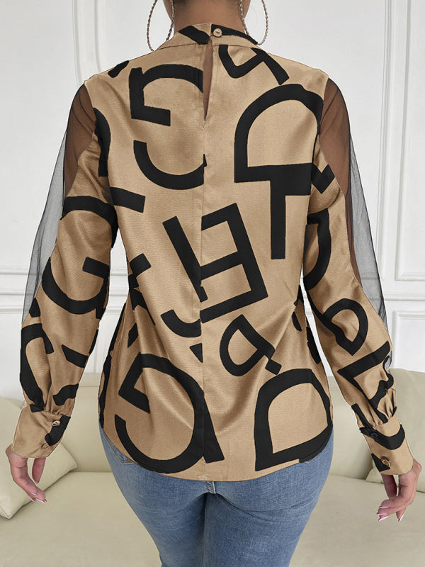 Women's geometric print stitching mesh round neck long-sleeved top
