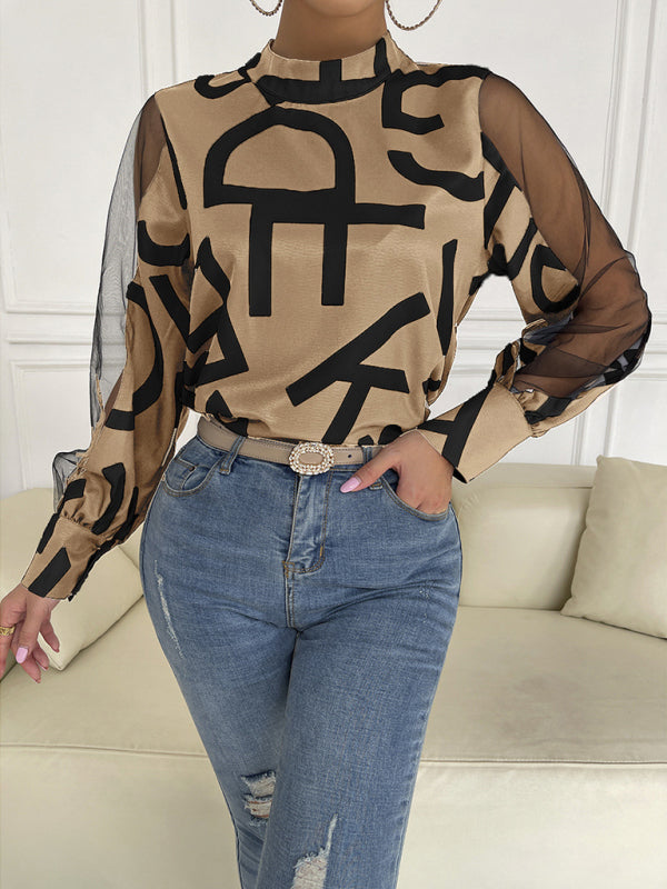 Women's geometric print stitching mesh round neck long-sleeved top