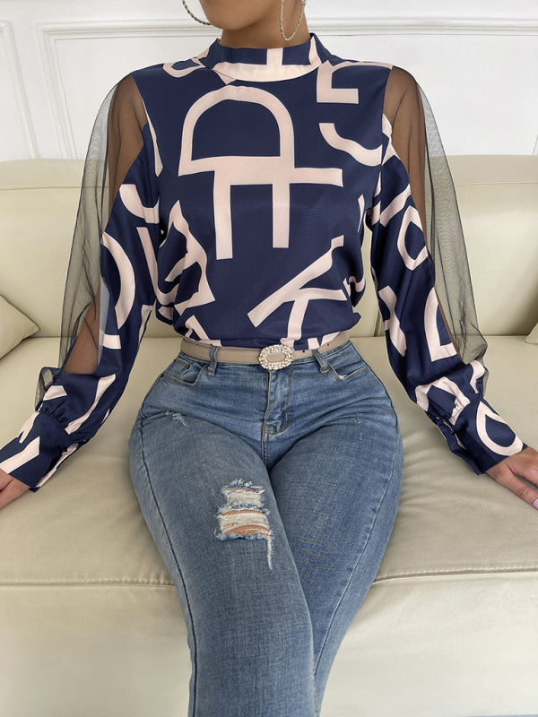 Women's geometric print stitching mesh round neck long-sleeved top
