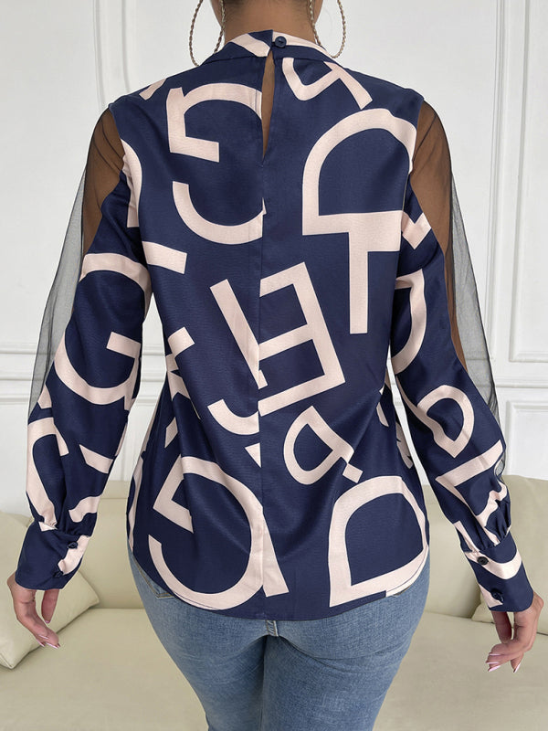Women's geometric print stitching mesh round neck long-sleeved top