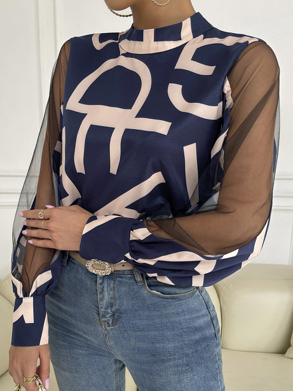 Women's geometric print stitching mesh round neck long-sleeved top