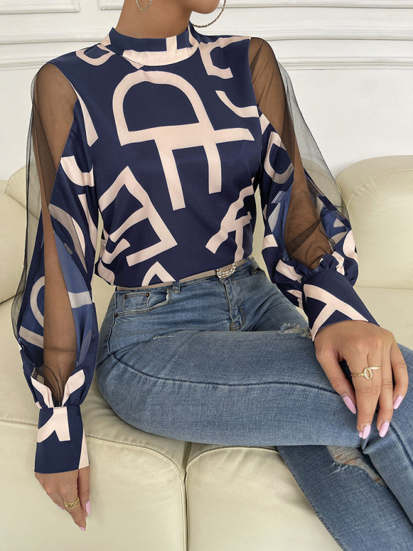 Women's geometric print stitching mesh round neck long-sleeved top