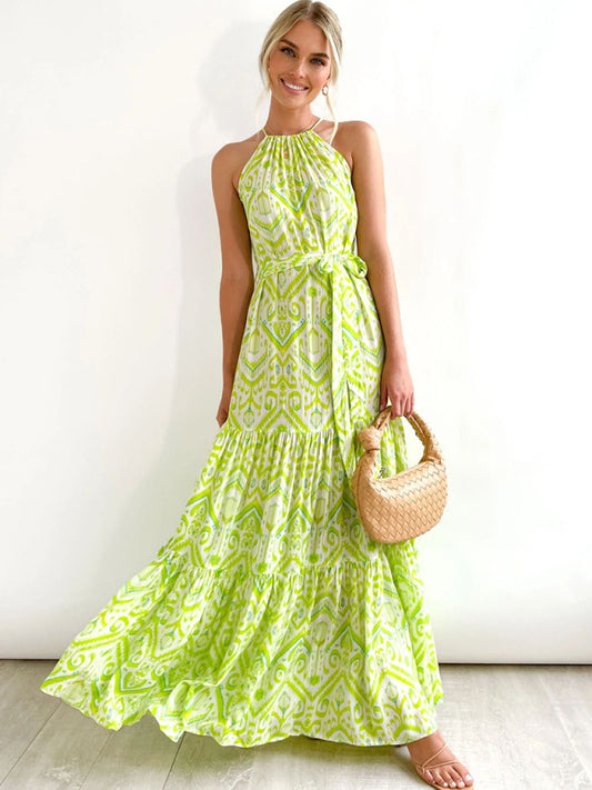 Women's Elegant Geometric Print Halter Neck Sleeveless Dress