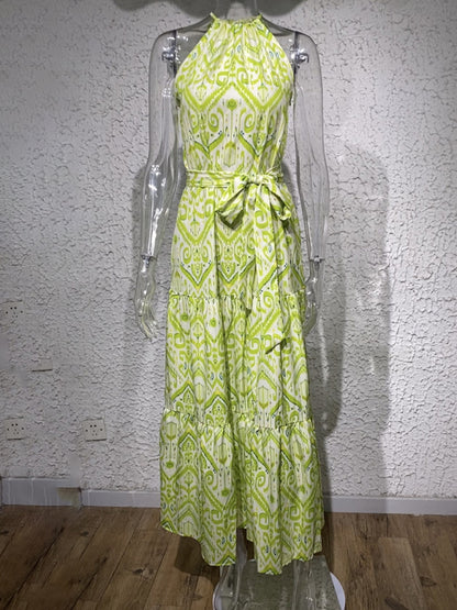 Women's Elegant Geometric Print Halter Neck Sleeveless Dress
