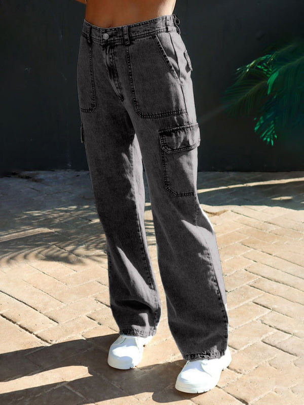 Pure cotton washed denim multi-pocket non-stretch overalls