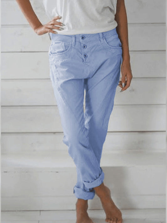 New style solid color cotton and linen fashion loose high waist casual trousers