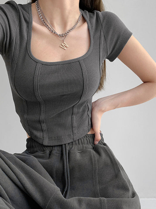 Women's Retro Three-dimensional Herringbone Line Slim Square Neck Short Sleeve T-Shirt