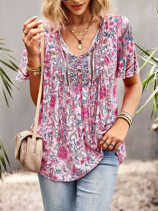 Women's V Neck Short Sleeve Printed Short Sleeve Shirt