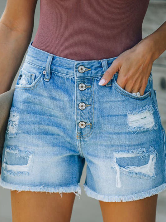 New style ripped patch tassel personality one-row button denim shorts hot pants