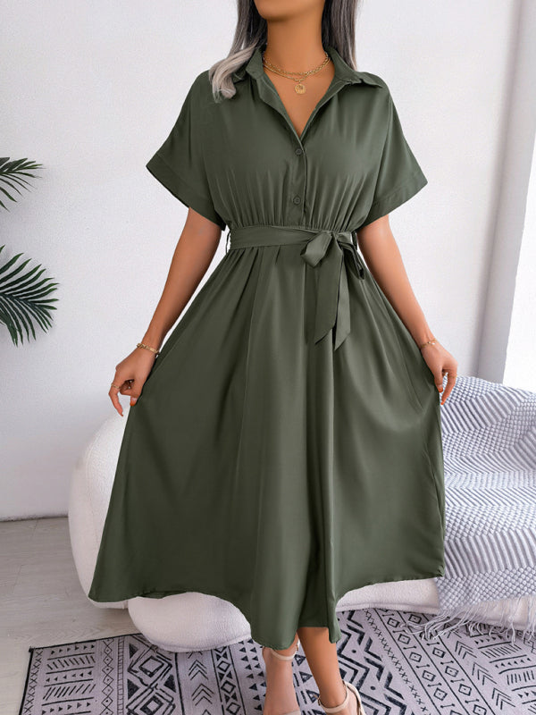 Women's Solid Color Casual Loose Tie Shirt Dress Long Skirt