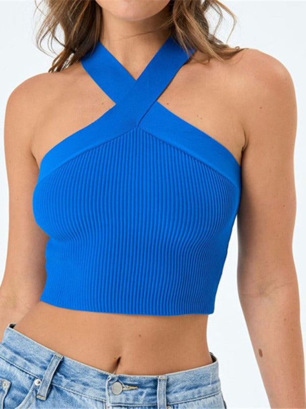 New style cross hanging neck strap small vest knitted backless bandage tube top sweater