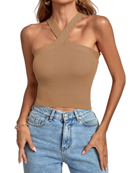 New style cross hanging neck strap small vest knitted backless bandage tube top sweater