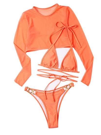 Women's swimsuit long-sleeved mesh jacket three-piece swimsuit solid color sexy bikini