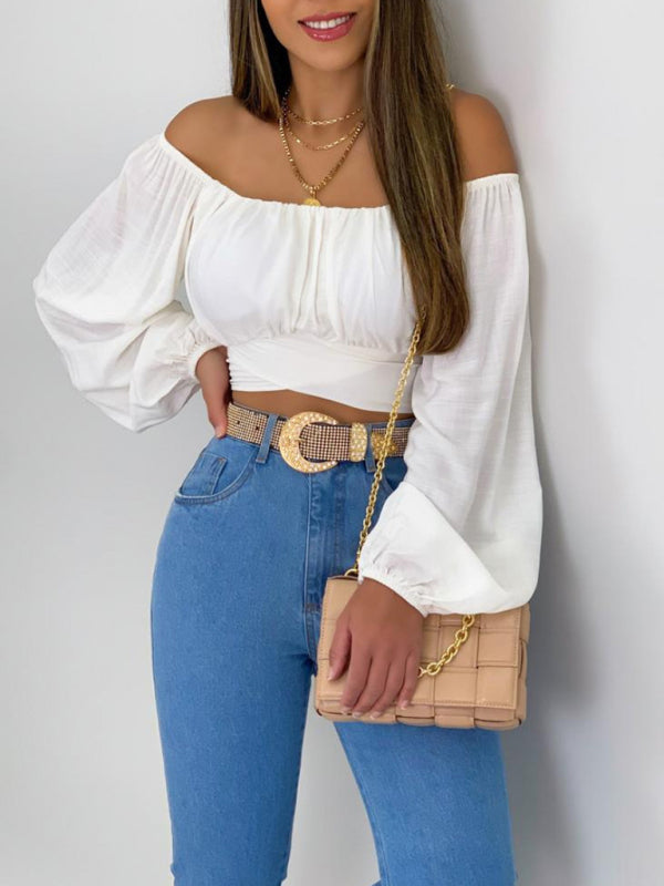 Women's Solid Color One Shoulder Balloon Sleeve Top