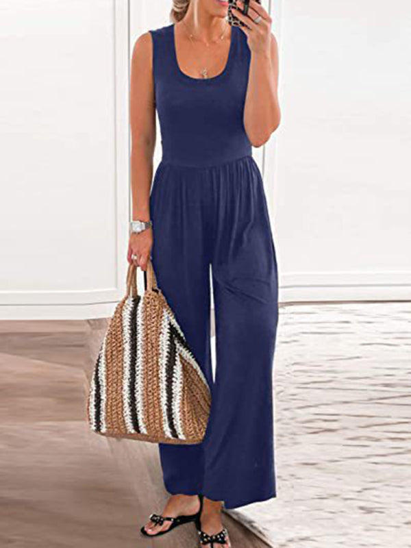 Women's Solid Color Loose Sleeveless Jumpsuit